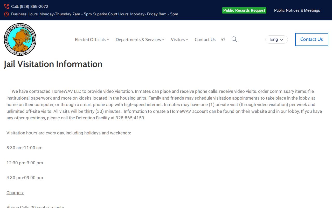 Greenlee County arrest booking jail visitation information