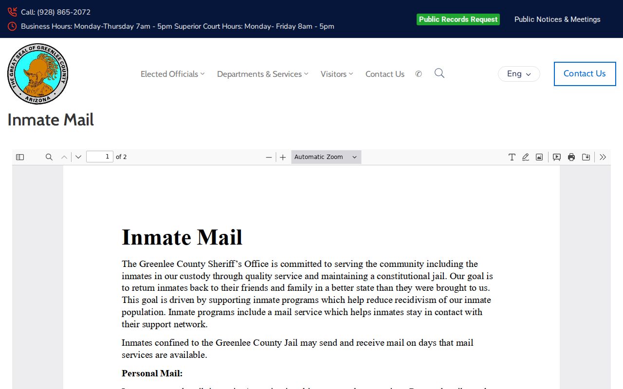 Greenlee County arrest custody inmate mail information