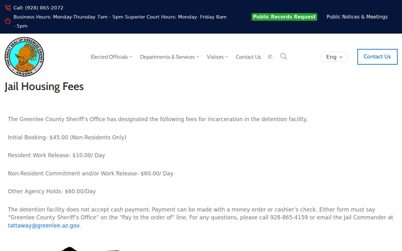 Greenlee County arrest records jail housing fee information