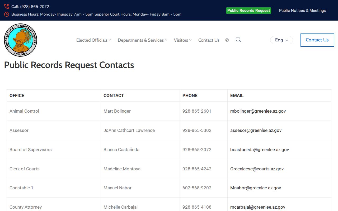 Greenlee County criminal records public request contact list