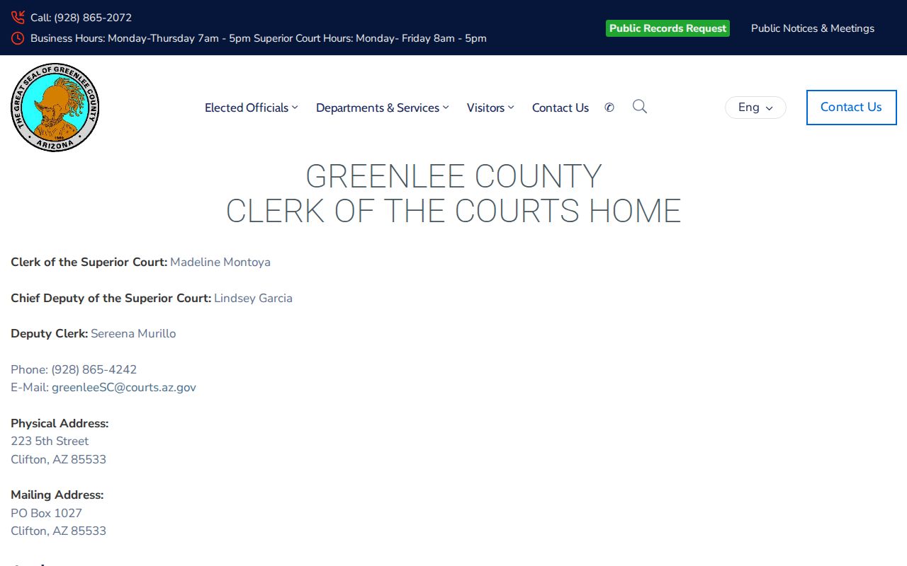 Greenlee County criminal record Clerk of Superior Court office