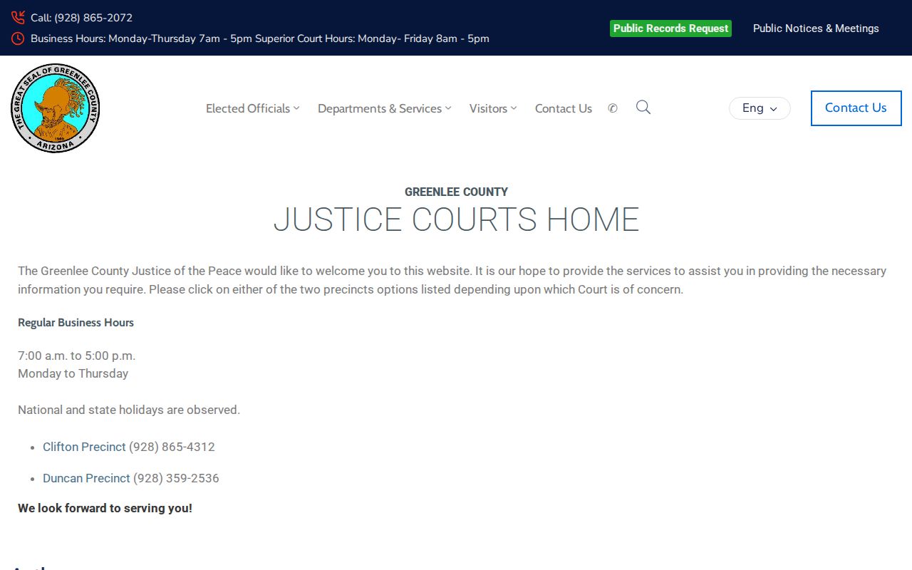 Greenlee County criminal warrant records Justice Courts contacts